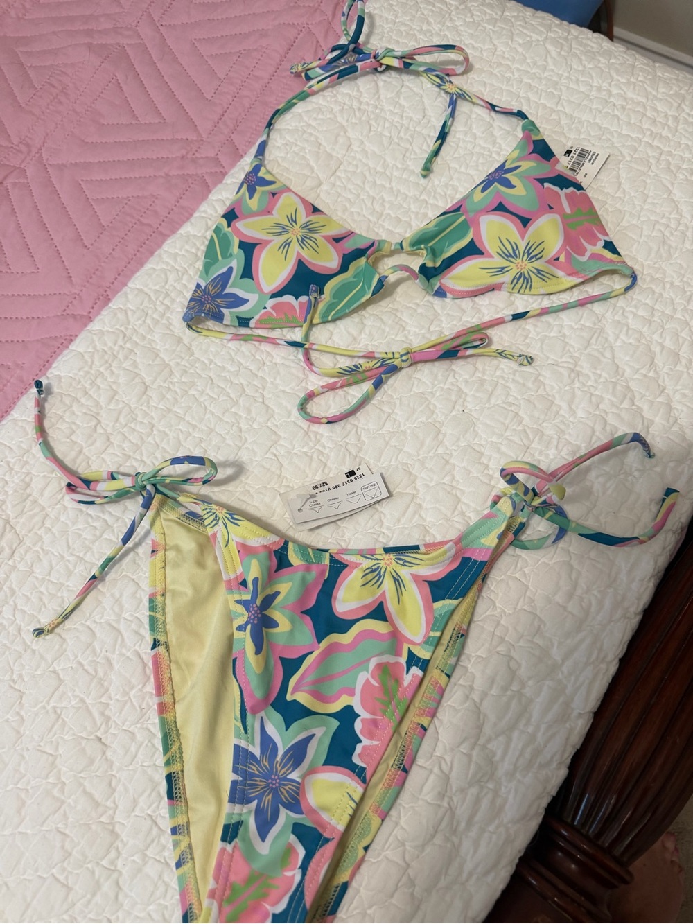 Ron Jon Floral Tie-Side Bikini in Teal, Pink, Yellow top size m bottom large
